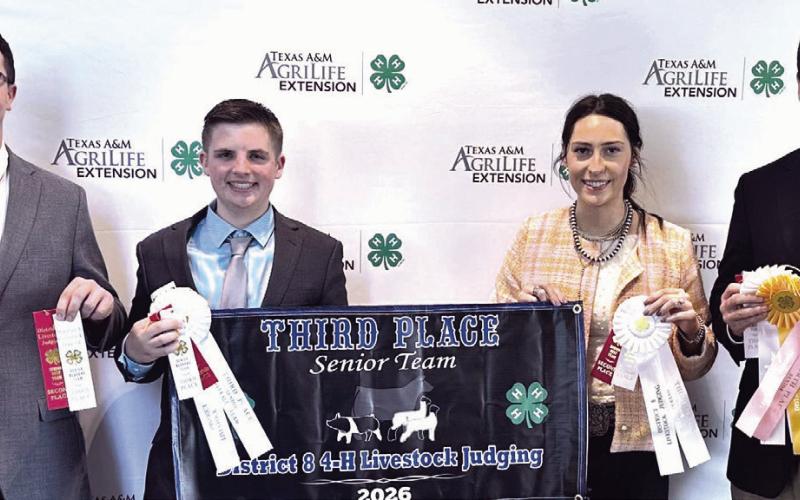 THE JUDGES— Milam County 4-H’ers took third place at the District 8 Livestock Judging Contest recently. Shown here are Shawn Leifeste, Wylie Butler, Addison Dach and Kenzie Hobbs.