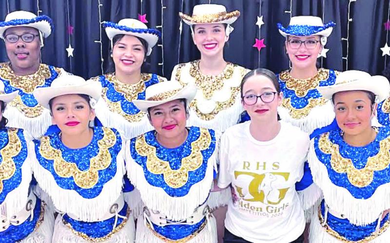 KICK UP YOUR HEELS— RHS Golden Girls won Outstanding Choreography for their kick routine at the Vista Ridge Dance Competition in Cedar Park on Saturday. The routine was choreographed by T’Niya Miles. Shown here (front row, L-R) Neveah Switkowski, Victoria Longoria, Mya Lopez, Kynzlie Remaley and Amiyah Fate; (back row, L-R) Jernee Mitchell, Mercedes Figueroa, Grace Patton, Jayla Gonzales and Trinity Hurd. Managers are Isabelle Flores and Reginay Hamilton. Golden Girl director is Vicky Miller.
