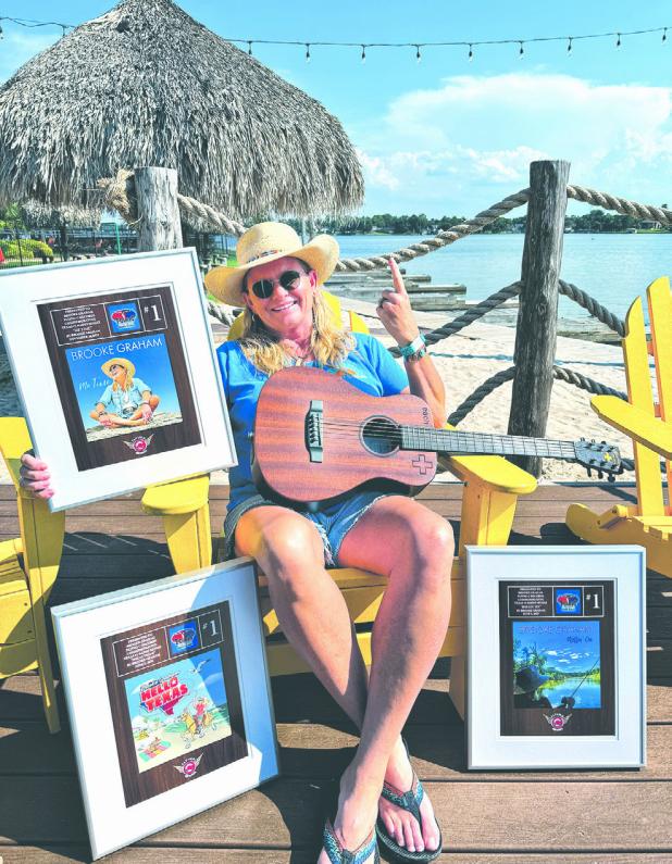 Graham at Margaritaville resort with awards from Flying C Records for her three #1 hits on Texas Regional Radio Report for “Hello, Texas,” “Me Time” and her latest “Rollin’ On.” She has a new album coming out later this year which includes her summertime anthem “Coppertone &amp; Tequila.” Photo by Katy Thompson Graham