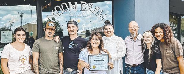 BUSINESS OF THE MONTH— Moon Brew Coffee Co. is Rockdale Chamber of Commerce’s business of the month for August. On hand for the award were (L-R) Elena Arellano, Tyler Beal, Luke Garrison, business owner Rita Gameiro, Chamber Executive Director Lucita Rodriguez, Val Gameiro, Rae Hawkins and Nicole Bivens. Moon Brew is located at 109 North Main Street. Reach the business at 512-269-5419.