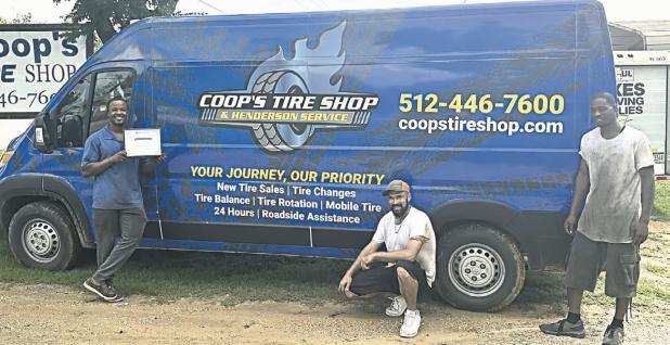 BUSINESS OF THE MONTH— Rockdale Chamber of Commerce has awarded Coop’s Tire Shop LLC as the July Business of the Month which is chosen by the community through voting on the Chamber’s website. Coop’s Tires is located at 1006 E. Cameron Ave. in Rockdale and they can be reached by phone at 512-446-7600. Shown here are (L-R) owner Fredrick Henderson, Weldon Zunker and Junior Rivers.