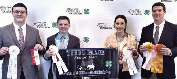 THE JUDGES— Milam County 4-H’ers took third place at the District 8 Livestock Judging Contest recently. Shown here are Shawn Leifeste, Wylie Butler, Addison Dach and Kenzie Hobbs.