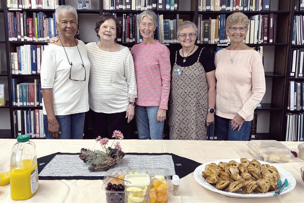 COFFEE TIME— Rockdale’s oldest organization, the Matinee Musical Club, was the sponsor of First Friday Coffee in May. The coffees are held on the first Friday of each month from 9 to 10:30 a.m. at the Lucy Hill Patterson Memorial Library. Shown here are (L-R) club members Jo Ann Bradford, Gloria Walker, Donnie Rinn, Mona Butala and Pat Owen.