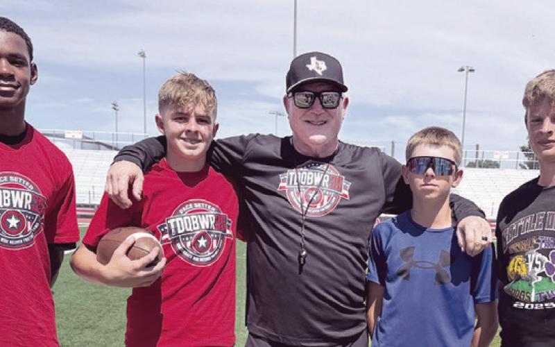 Milam County athletes attending this week’s Todd Dodge Football Camp in the DFW Metroplex are (L-R) Canaan Miles, Carson Thurman, with Coach Dodge, Carter Thurman, Shiner Thurman. Photo by Andrew Thurman