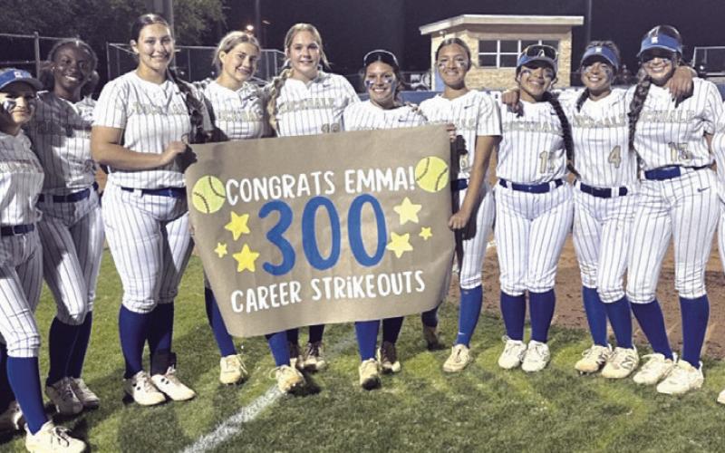 from teammates for her 300th career strikeout. She reached the milestone Friday night in front of Tiger Nation. Rockdale Tigers Athletics photo