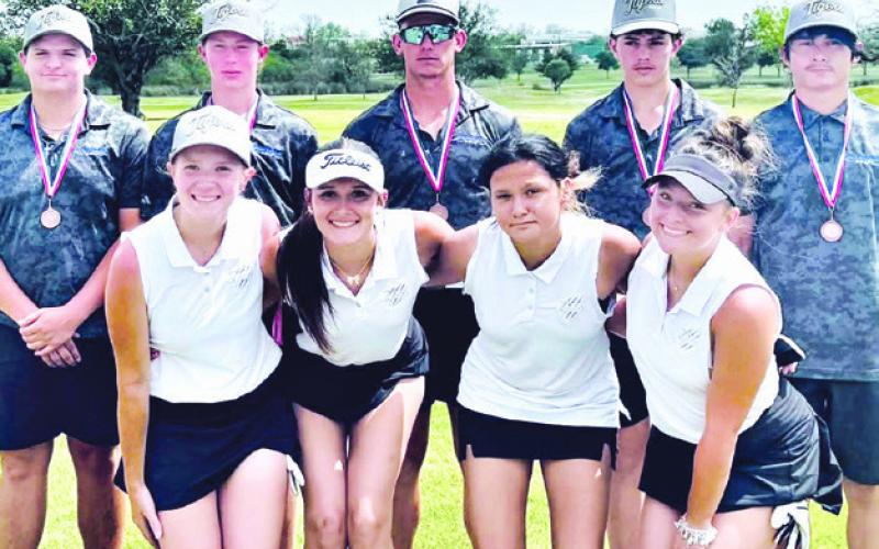 Rockdale golf teams participated in the district tournament last week at Sammons Golf Course in Temple. Those playing were (front row, L-R) Brynlee Williams, Paisly Fisher, Hannah McKie, Bella Alexander; (back row, L-R) Chase Nadeau, Zeb Skrhak, Mason Lillard, Chase White, Shawn McKie. Photo by Trey Young