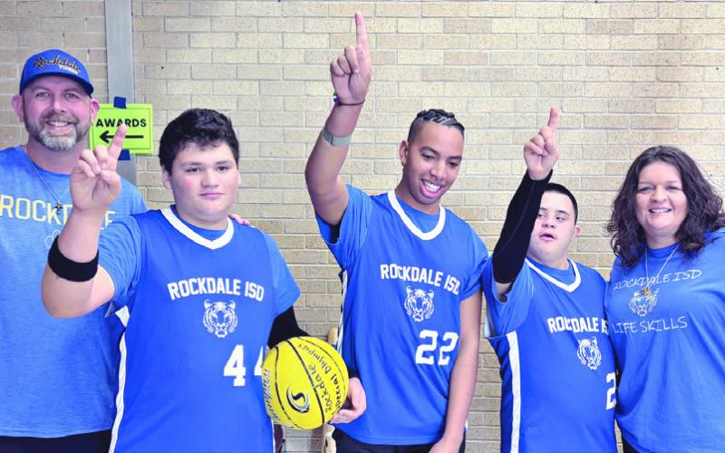 GOLD MEDALISTS— The Rockdale Tigers Special Olympics team competed in the 3v3 basketball competition Saturday in San Marcos and won gold. These athletes work hard in practices and play hard in their games. Pictured are (L-R) Jonathan Rathke, Zayden Baggerly, Jaylen Delz, Zackary Rubio, Katherine Shannon. Rockdale Tigers Athletics photo