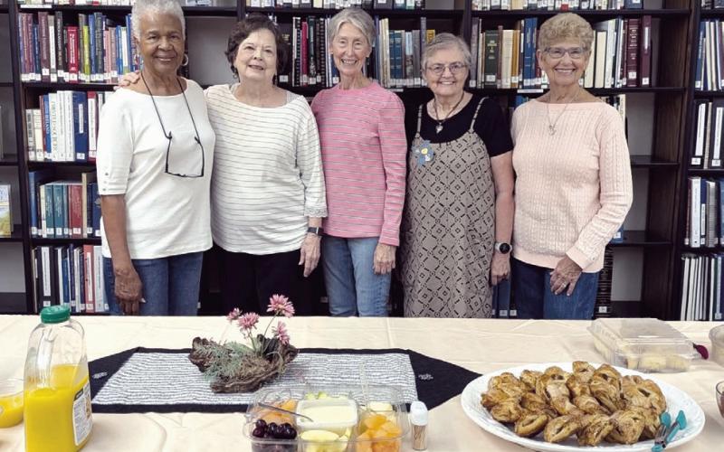 COFFEE TIME— Rockdale’s oldest organization, the Matinee Musical Club, was the sponsor of First Friday Coffee in May. The coffees are held on the first Friday of each month from 9 to 10:30 a.m. at the Lucy Hill Patterson Memorial Library. Shown here are (L-R) club members Jo Ann Bradford, Gloria Walker, Donnie Rinn, Mona Butala and Pat Owen.