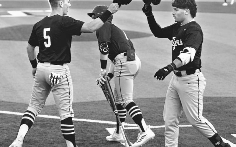 Tiger Brody Willard (R) is congratulated by Mason Lillard (5) after hitting a solo home run in the first inning against Thrall in last Tuesday's game. Rockdale would go on to win game one of the series, 11-1. Photo by Ashley Zenner Willard