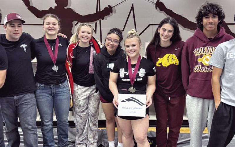AGGIE SHOWDOWN— Thorndale powerlifters competed in the Aggie Showdown last week at Texas A&amp;amp;M University in College Station. Medalists for the Lady Dogs were Jordyn Stutts, first in 148; Riley Shock, second in 181; and Lydia Melcher, third in 114. Stutts was also named the Best Female Lifter of the meet. Medaling for the Bulldogs were Jose Macias, 1st in 123; Marcus Shaw, first in 198; and Taydan Cook, third in 114. Thorndale ISD Athletics photo