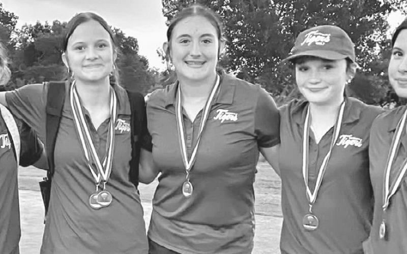SECOND —The Rockdale Junior High girls team secured a second place finish in the Cameron Middle School Golf Tournament last week. Pictured are (L-R) Sydney Hall, Kelbi Stanislaw, Kathryn San Miguel, Taylor Carpenter and Chanley Garza. As a team, they scored 273 with Stanislaw placing second individually with an impressive 61. The boys team also put in a valiant effort throughout the tournament. Rockdale Tigers Athletics photo