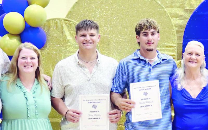 SCHOLARSHIPS— This year the Joe Wayne Cleveland Memorial Scholarships for $1,000 each went to Chase Nadeau and Brody Willard, shown here with Cleveland family members—(L-R) Kenny Cleveland, Shellea Griner, Sarah Cleveland and Nikki Kirk. See more photos from last Wednesday’s Rockdale High School award ceremony on page 6B.