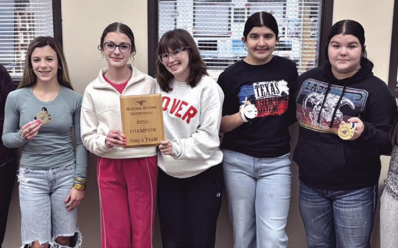 CHAMPIONS AGAIN— The Milano Lady Eagles powerlifting team dominated the Mustang Strong Invitational meet in Madisonville Meet last Thursday, taking home first place as a team for their third team championship of the season. Not pictured but still a big part of the win are: Hannah Bakken, Natalie Contreras and Kira Cooper. The Milano Eagles powerlifters also had two medalists—J.D. Chambers with a second-place finish and Troy Montoya with a third place. Milano High School photo