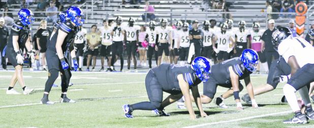 Rockdale’s defense—(L-R) Brody Willard (6), Wilmer Sorto (0), Michael Calderon (62) and Abel Castillo (60)—lining up against the McGregor Bulldogs Friday night in Tiger Stadium. Reporter/Nathan