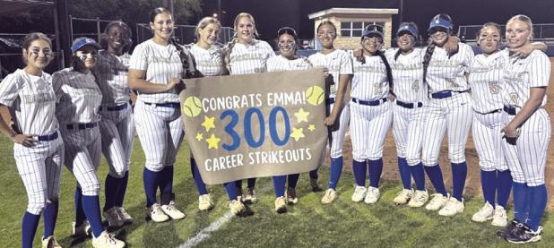 from teammates for her 300th career strikeout. She reached the milestone Friday night in front of Tiger Nation. Rockdale Tigers Athletics photo