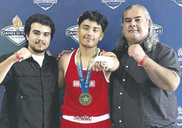 WINNER— Incoming Rockdale High School junior Jeremiah Fernandez won his Texas Amateur Athletic Federation boxing tournament and placed first in his division at the 2025 Games of Texas in College Station. Fernandez won a first-place medal and a 2025 Texas Amateur Federation Ring. He is now 2-0 representing Rockdale. Fernandez (center) is shown here with his coach Armando Rodgituez (R) and Rodriguez’s son Carlos Rodriguez.