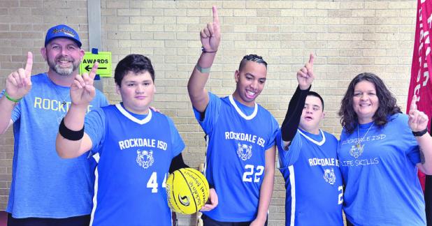 GOLD MEDALISTS— The Rockdale Tigers Special Olympics team competed in the 3v3 basketball competition Saturday in San Marcos and won gold. These athletes work hard in practices and play hard in their games. Pictured are (L-R) Jonathan Rathke, Zayden Baggerly, Jaylen Delz, Zackary Rubio, Katherine Shannon. Rockdale Tigers Athletics photo