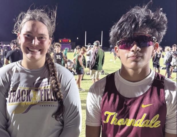 Two weeks ago at the Donald Beard Relays in Thorndale, Lady Dog Bethany Preusse (L) set a new school record in the shot put with a throw of 46’-1/2”. Last week at the Thrall Tiger Relays, Bulldog Jamie Llanas (R) set a new school record in the 1600M run with a time of 4:47.09. Thorndale ISD Athletics photo
