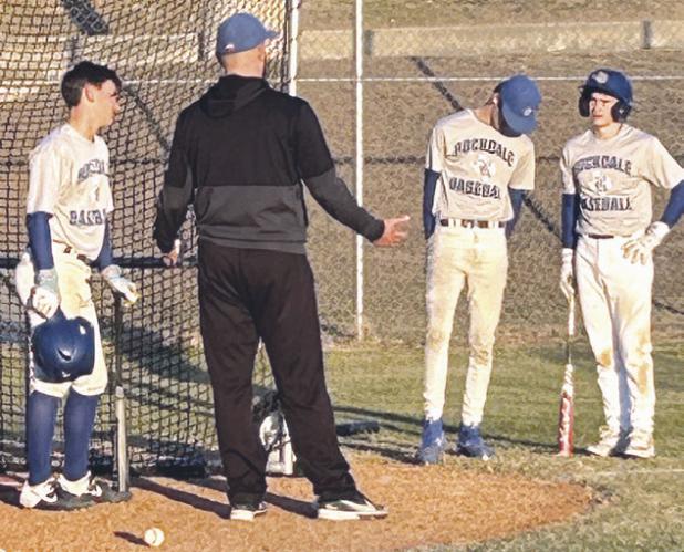 Rockdale Coach Pearce Loth gives words of wisdom to the Tiger baseball team. Reporter photo/Nathan Flores