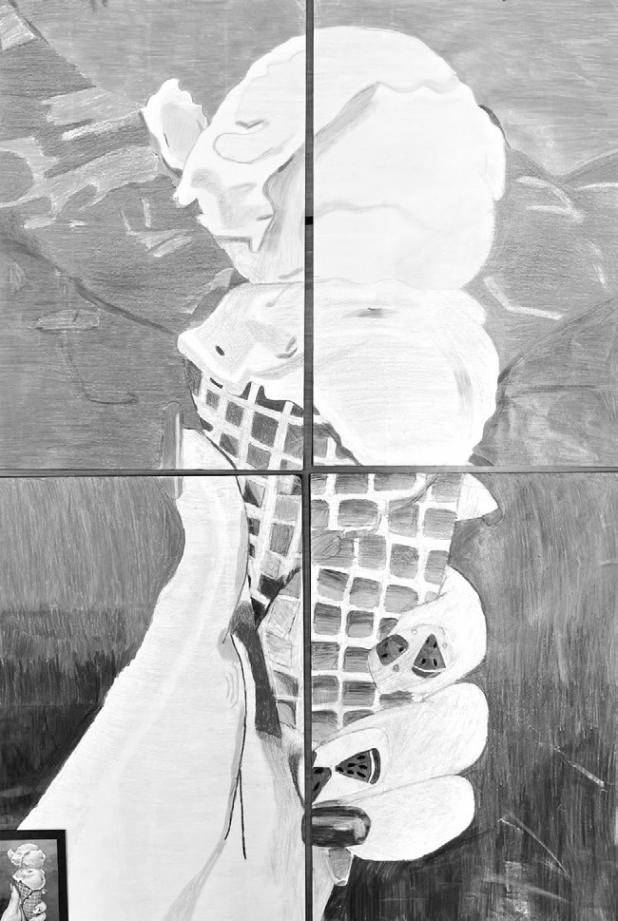 Group scale drawing of ice cream in a waffle cone by Rockdale Junior High eighth-grade Art II students (now high school students) Bentley Knoblock, Brant Hutton, Sarahi Castillo Ramirez and Kendall Clevenger.