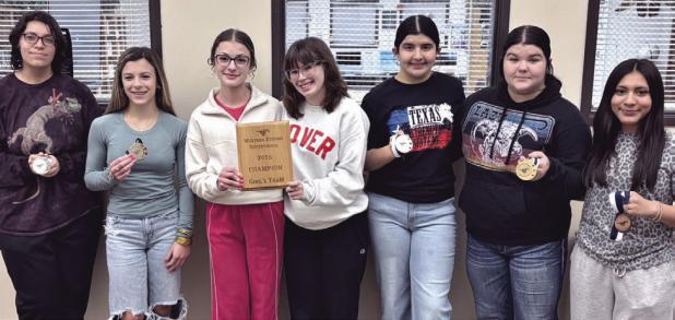 CHAMPIONS AGAIN— The Milano Lady Eagles powerlifting team dominated the Mustang Strong Invitational meet in Madisonville Meet last Thursday, taking home first place as a team for their third team championship of the season. Not pictured but still a big part of the win are: Hannah Bakken, Natalie Contreras and Kira Cooper. The Milano Eagles powerlifters also had two medalists—J.D. Chambers with a second-place finish and Troy Montoya with a third place. Milano High School photo