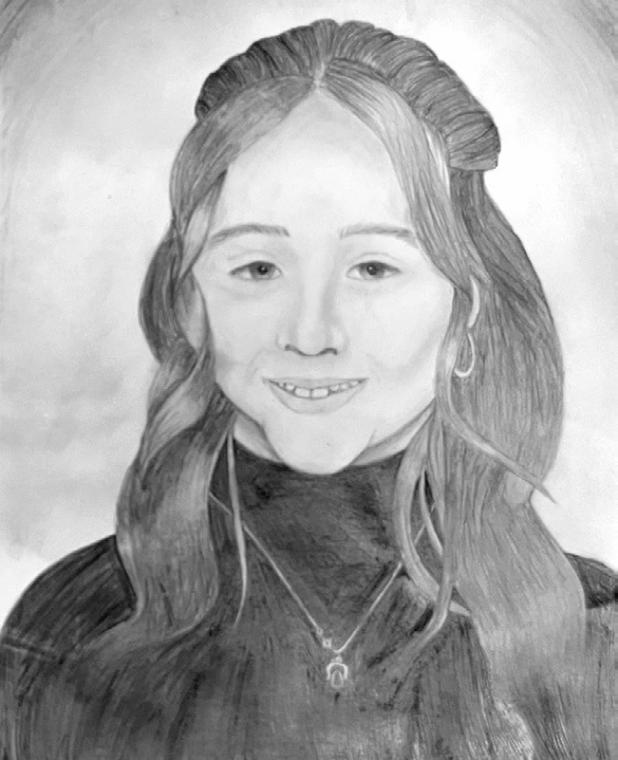 Self-portrait drawing by Fayth Duncan, a 2025-26 eighth-grader in Art II at Rockdale Junior High School.