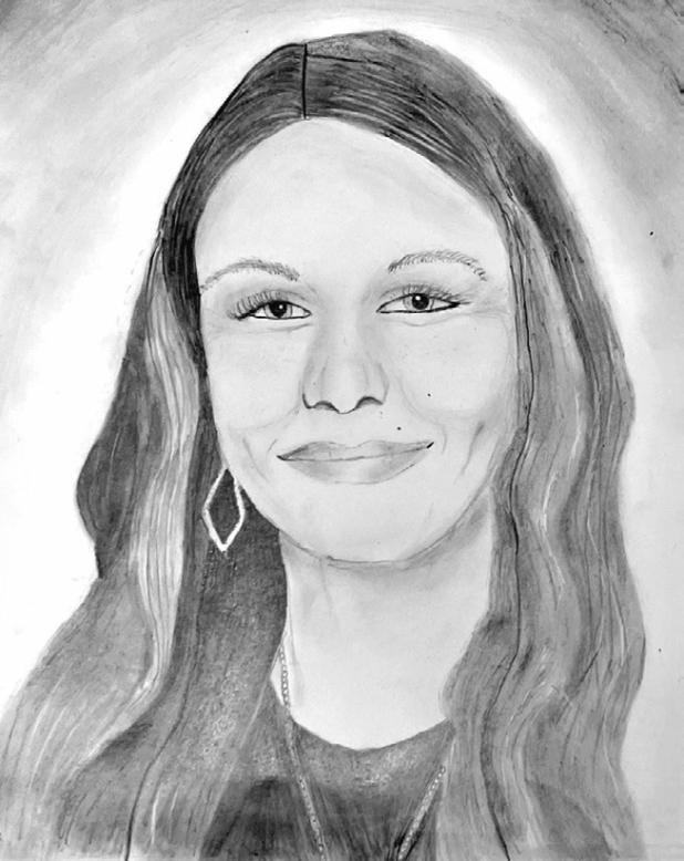 Self-portrait drawing by Kaylee Newton, a 2025-26 eighth-grader in Art II at Rockdale Junior High School.