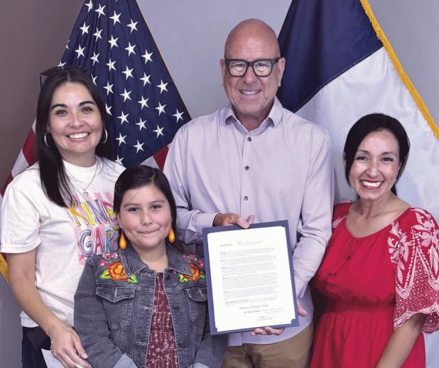 HISPANIC HERITAGE MONTH— Rockdale Mayor Ward Roddam read a proclamation at Monday night’s city council meeting proclaiming September as Hispanic Heritage Month. On hand for the celebration are (L-R) RISD kindergarten teacher Lorena Navarro and her daughter, Regina Castillo, a fourth-grader at Rockdale Intermediate School who also read A Prayer of St. Francis of Assisi for the invocation at the meeting, Roddam, and Rockdale’s first Latina city councilwoman, Esmeralda Ruelas-Olivares.