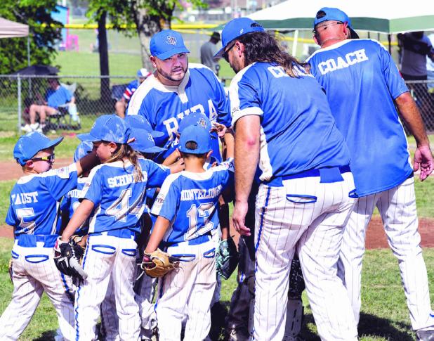 RYBA 6U T-Ball All-Stars coach Dillon Schnerr addresses his team following its final game at the Pony League Regional Tournament in Pflugerville over the weekend. The team advanced to the regional tournament after qualifying through the Pony League Sectional Tournament in Bastrop two weeks earlier. Rockdale Youth Baseball Association photo