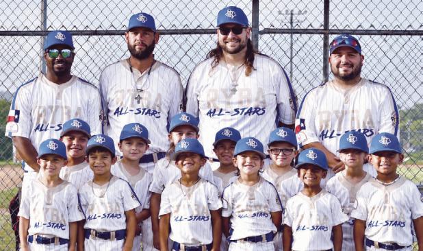 The 6U All-Stars are (front row, L-R) Titus Jentsch, Kashton Locklin, Kase Quinney, Maddox Mancillas, Tyson Dixon, Sebstian Cerrato; (middle row, L-R) Tomas Rios, Casey Riley, Otto Schnerr, Kyle Montelongo, Casen Faust, Kody Wilson; (back row, L-R) Coaches Terral Dixon, Koy Quinney, Dillan Schnerr, Michael Mancillas. Photo by Rockdale Youth Baseball Association