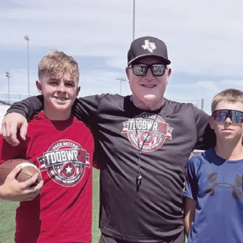 Milam County athletes attending this week’s Todd Dodge Football Camp in the DFW Metroplex are (L-R) Canaan Miles, Carson Thurman, with Coach Dodge, Carter Thurman, Shiner Thurman. Photo by Andrew Thurman