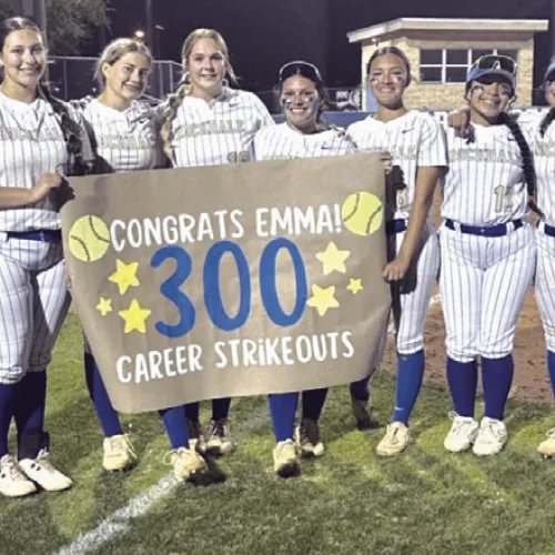 from teammates for her 300th career strikeout. She reached the milestone Friday night in front of Tiger Nation. Rockdale Tigers Athletics photo