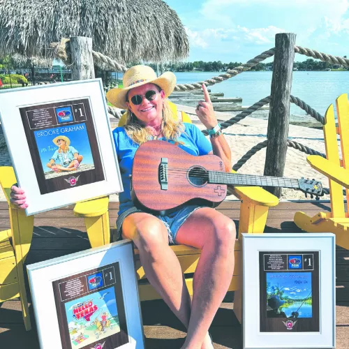Graham at Margaritaville resort with awards from Flying C Records for her three #1 hits on Texas Regional Radio Report for “Hello, Texas,” “Me Time” and her latest “Rollin’ On.” She has a new album coming out later this year which includes her summertime anthem “Coppertone &amp; Tequila.” Photo by Katy Thompson Graham