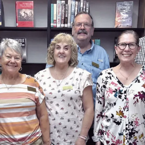 COFFEE TIME— First Friday Coffee at the Lucy Hill Patterson Memorial Library was sponsored by the Milam County Historical Commission and El Camino Real de los Tejas National Historic Trail Association. Members present were (L-R) Holly Jentsch, Geri Burnett, Sharon Luedecke, Garland Luedecke, Jennifer Patton and James Bradford.