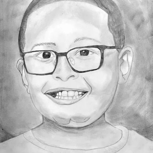 Self-portrait drawing by Hector Yepez-Salazar, a 2025-26 eighth-grader in Art II at Rockdale Junior High School.