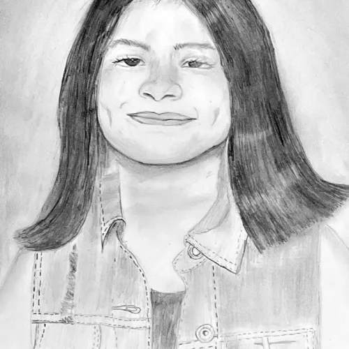Self-portrait drawing by Verenice Rivera, a 2025-26 eighth-grader in Art II at Rockdale Junior High School.