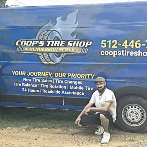 BUSINESS OF THE MONTH— Rockdale Chamber of Commerce has awarded Coop’s Tire Shop LLC as the July Business of the Month which is chosen by the community through voting on the Chamber’s website. Coop’s Tires is located at 1006 E. Cameron Ave. in Rockdale and they can be reached by phone at 512-446-7600. Shown here are (L-R) owner Fredrick Henderson, Weldon Zunker and Junior Rivers.