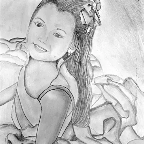 Self-portrait drawing by Kamila Colmenero Hernandez, a 2025-26 eighth-grader in Art II at Rockdale Junior High School.