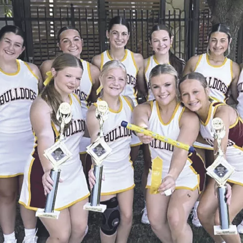 CHAMPIONS— Thorndale Bulldog cheerleaders went to UCA cheer camp recently and came home champions. The squad won Dance Routine Championship, Cheer Routine Championship and All-Around Performance Championship. Special shout out to Audrie Jordan, Jordyn Stutts, Taydan Garcia and Lyla Patin who were named All-American Cheerleaders. Senior Stutts was also a recipient of the Pin it Forward award and was asked to tryout for the UCA staff. Thorndale High School photo