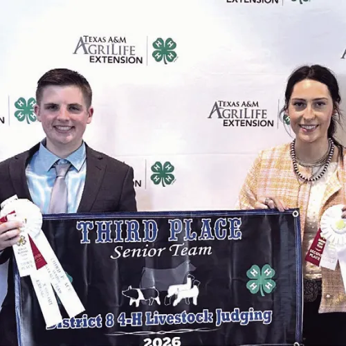 THE JUDGES— Milam County 4-H’ers took third place at the District 8 Livestock Judging Contest recently. Shown here are Shawn Leifeste, Wylie Butler, Addison Dach and Kenzie Hobbs.