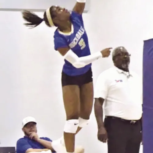 Rockdale’s Chloe Miles rises for an attack during recent action. The Lady Tigers placed fourth in the Rockdale Volleyball Tournament, narrowly falling to Florence in three sets in the third-place match. Rockdale Tigers Athletics photo