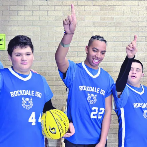 GOLD MEDALISTS— The Rockdale Tigers Special Olympics team competed in the 3v3 basketball competition Saturday in San Marcos and won gold. These athletes work hard in practices and play hard in their games. Pictured are (L-R) Jonathan Rathke, Zayden Baggerly, Jaylen Delz, Zackary Rubio, Katherine Shannon. Rockdale Tigers Athletics photo