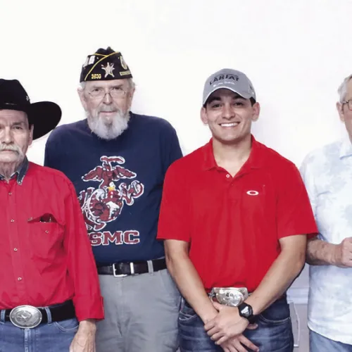 Shown here at the celebration for Luke Olivares are Jose Olivares, Cecil Cook, Esmeralda Olivares, Les Bumbguard, Vice Commander George Bunch, Commander Rod Stewart, Luke Olivares, Jim Foster, Tim Gutherie, Jessica and Wesley Janak.