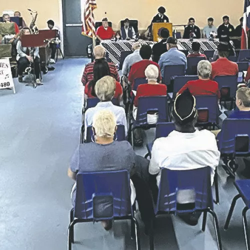 MEMORIAL DAY OBSERVANCE— American Legion Carlyle Post 358 held a Memorial Day program on Monday celebrating service members from Milam County who lost their lives in WWI to present day. RHS students involved in FFA and NHS, Luke Olivares, Aiden Svrcek, Sebastian Lepe, James Cox and Cohen Razo, read the names of each hero as the audience responded “here” to each one. The Communities in Concert Band provided lively patriotic music to a packed house. Refreshments and visiting followed the program.