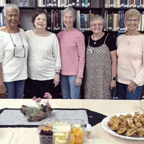 COFFEE TIME— Rockdale’s oldest organization, the Matinee Musical Club, was the sponsor of First Friday Coffee in May. The coffees are held on the first Friday of each month from 9 to 10:30 a.m. at the Lucy Hill Patterson Memorial Library. Shown here are (L-R) club members Jo Ann Bradford, Gloria Walker, Donnie Rinn, Mona Butala and Pat Owen.