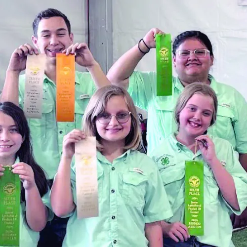 Milam County Ag ID team members are (front row, L-R) Sophia Fuchs, Mackenzie Holcombe, Peyton Warford, Winston Walzel and Hollie Rennemeyer; (back row) James Holcombe, Luke Holcombe, Caleb Fuchs, Brioni Bolivar and Kallie Rennemeyer.