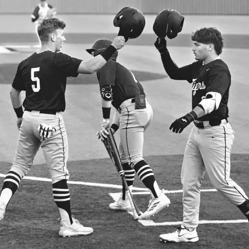 Tiger Brody Willard (R) is congratulated by Mason Lillard (5) after hitting a solo home run in the first inning against Thrall in last Tuesday's game. Rockdale would go on to win game one of the series, 11-1. Photo by Ashley Zenner Willard