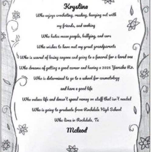‘Bio poems’ artwork by Krystina Graybeal, an eighth-grade Art II student at Rockdale Junior High School.