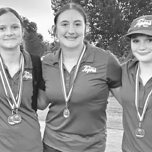 SECOND —The Rockdale Junior High girls team secured a second place finish in the Cameron Middle School Golf Tournament last week. Pictured are (L-R) Sydney Hall, Kelbi Stanislaw, Kathryn San Miguel, Taylor Carpenter and Chanley Garza. As a team, they scored 273 with Stanislaw placing second individually with an impressive 61. The boys team also put in a valiant effort throughout the tournament. Rockdale Tigers Athletics photo