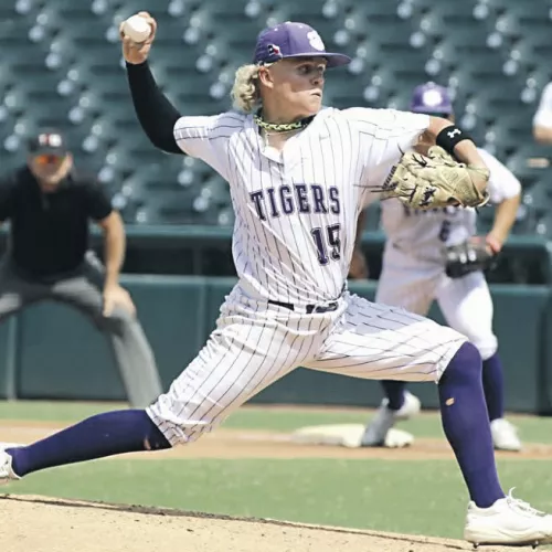 STATE FINALISTS— We were cheering on our neighboring Thrall Tigers last Thursday while they played for the state baseball title against Wall at the Dell Diamond in Round Rock. The Hawks came out on top 14-2 but Thrall had a great season. Here Thrall pitcher Maverick McAllister (15) delivers a pitch during the championship game. Michael Adams/Austin Sports Journal